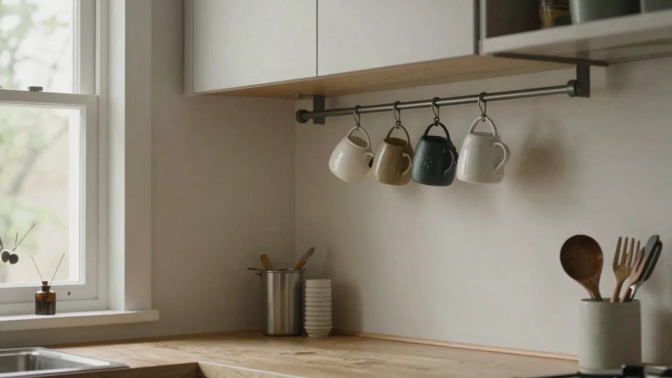Narrow kitchen with a tension rod under a cabinet holding mugs an