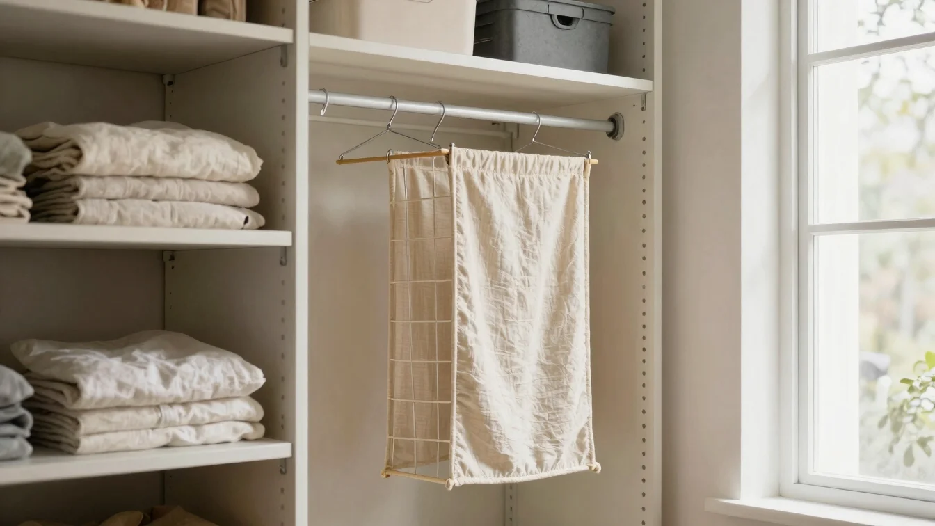 Compact reach-in closet with a slim hanging organizer and folded