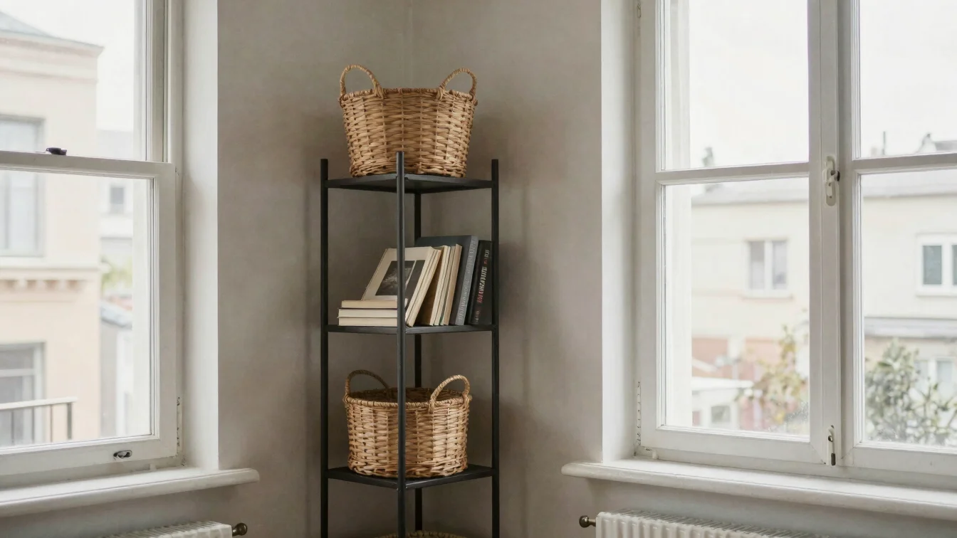 Studio apartment corner with a tall narrow freestanding shelf hol