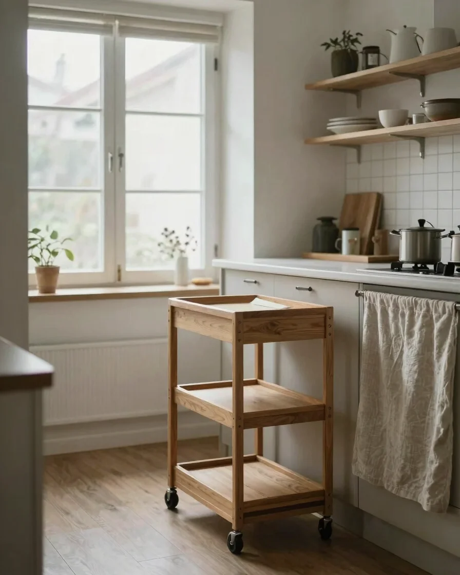 Editorial lifestyle photograph of a compact studio kitchen with a