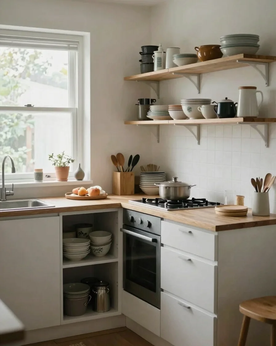 Un-staged compact studio kitchen with a narrow counter, open shel